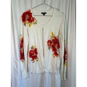 George White Floral Cardigan Sweater Size XL